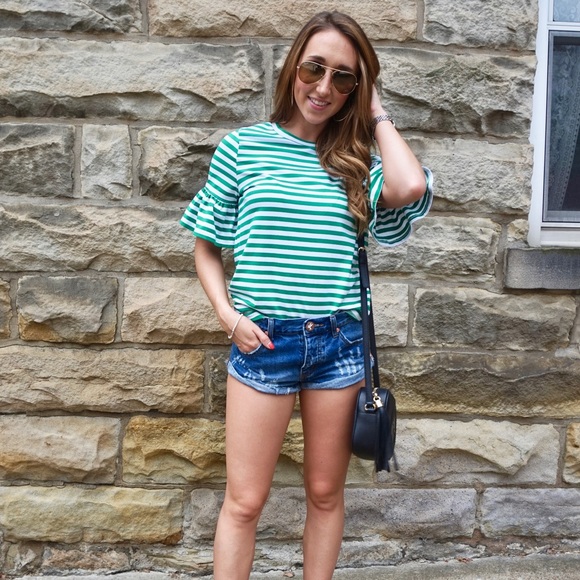 Striped Ruffle Sleeve Tee - Picture 2 of 3